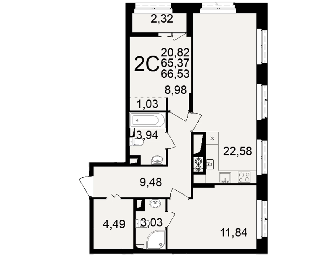Двухкомнатная квартира в Рязани площадью 66.53м2
